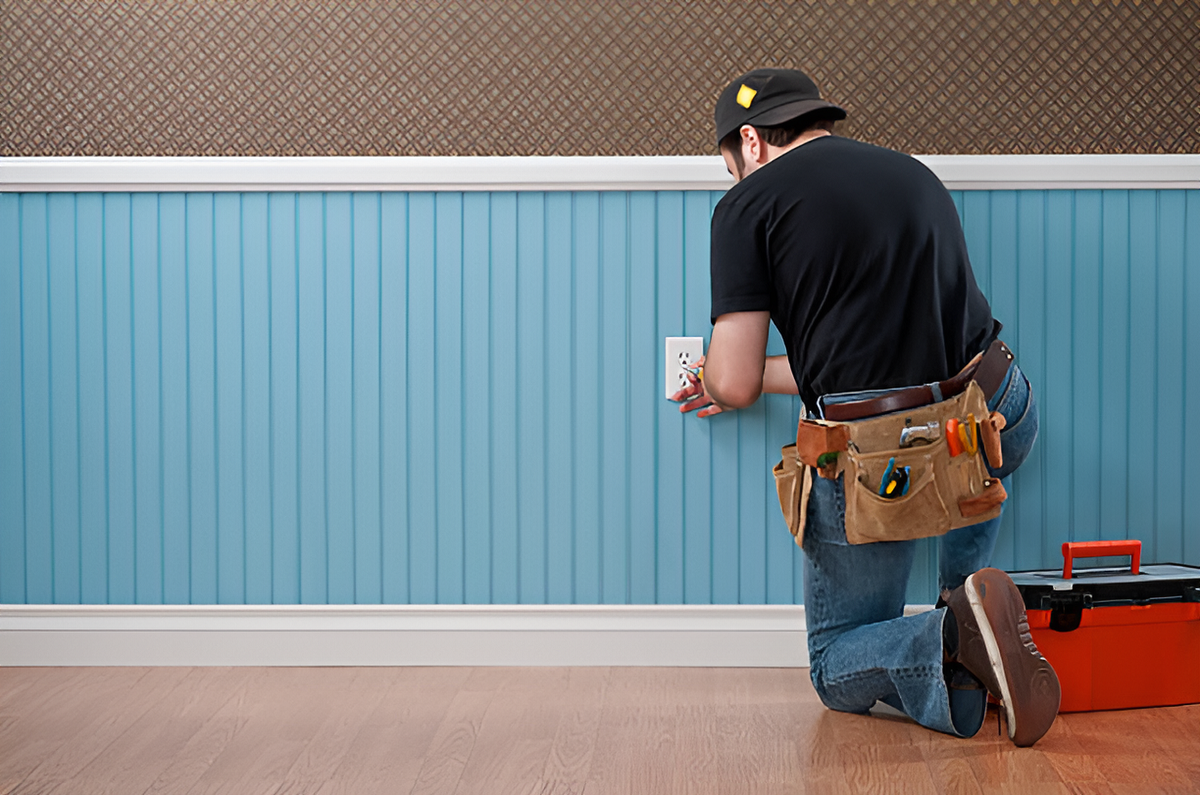 man with a toolbelt fixing an electrical outlet