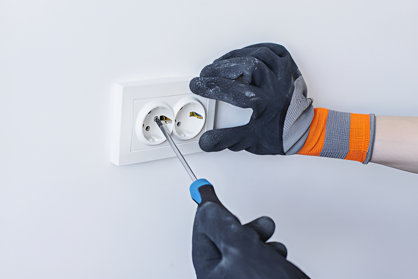 man tightening the screws of an electrical outlet