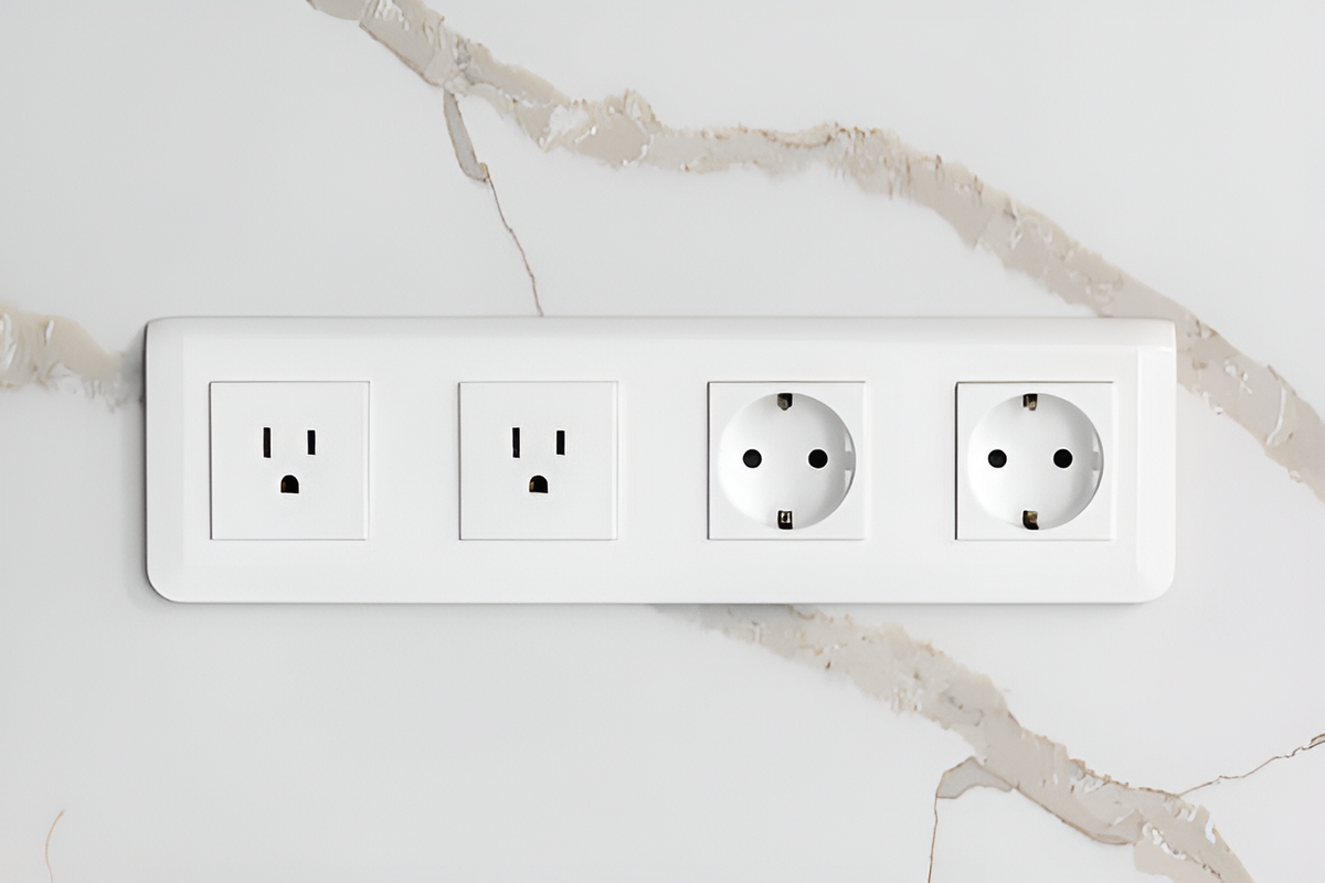 electrical outlet panel on a white marble wall
