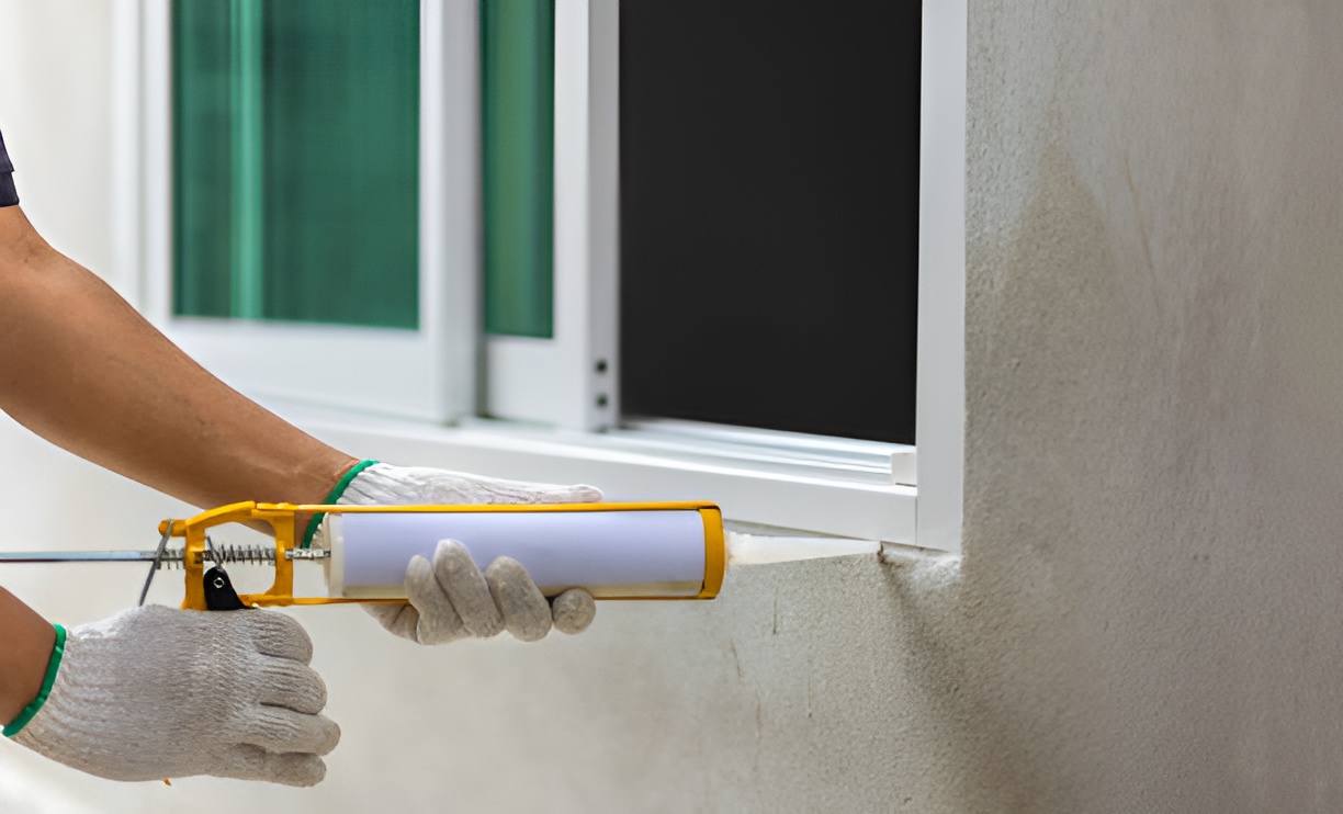 close-up of a man applying caulk to a window frame