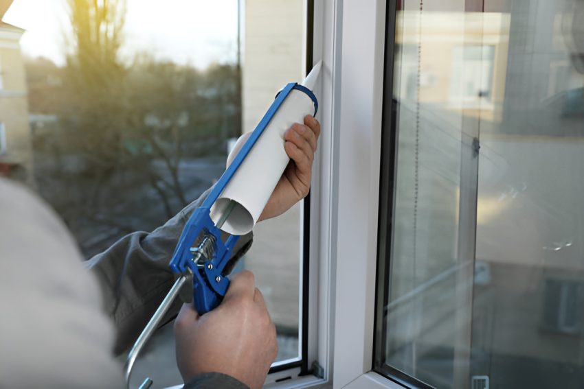 man caulking windows