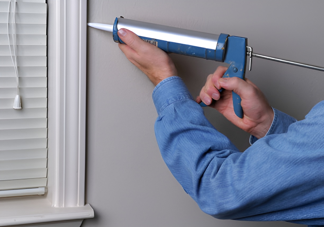 man caulking a window covered with blinds