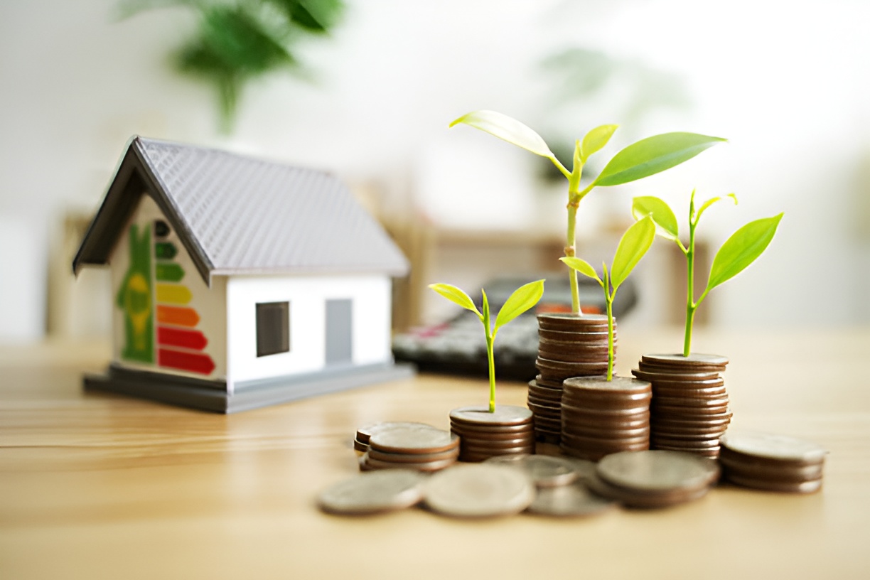 miniature house and stacked coins with sprouts on top