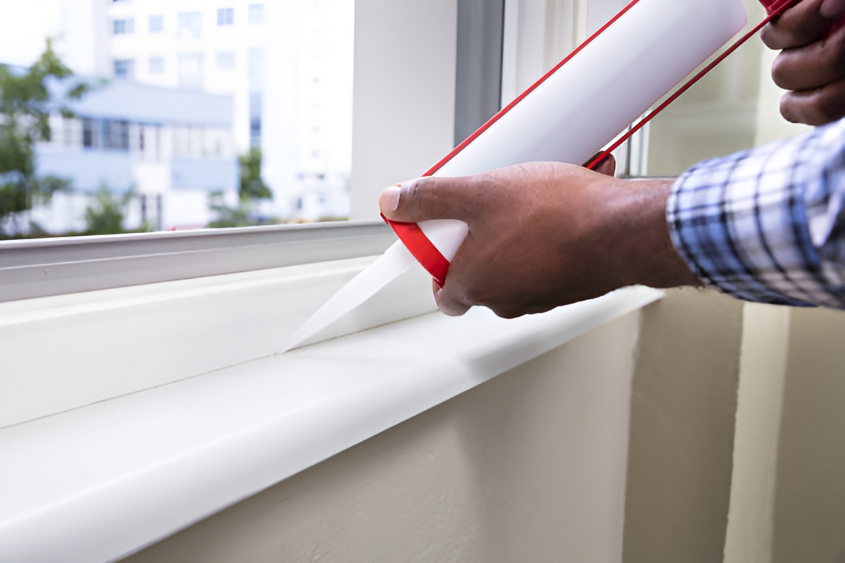 close-up of a man applying caulk to a window frame